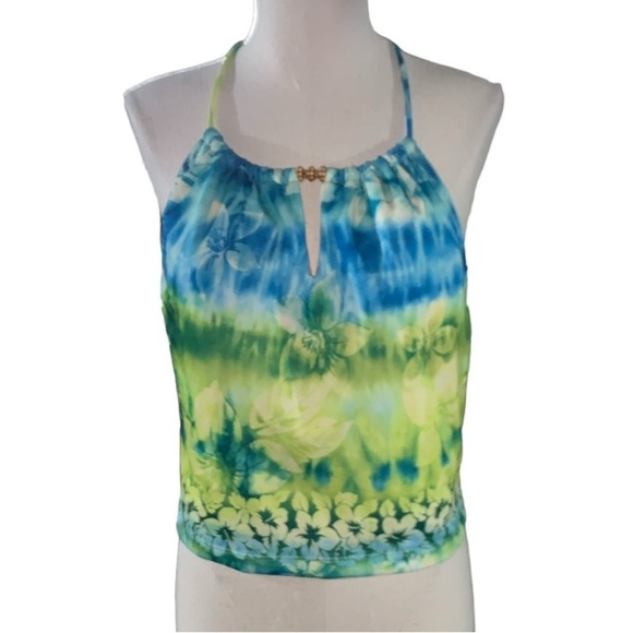 NWT Y2K vintage LEI tankini top medium halter psychedelic blue green beaded - Picture 1 of 10